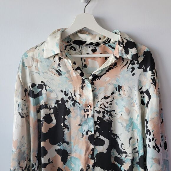 Zara Womens size M Printed Collared Long Sleeve Blouse in Blue Tan - Picture 3 of 8